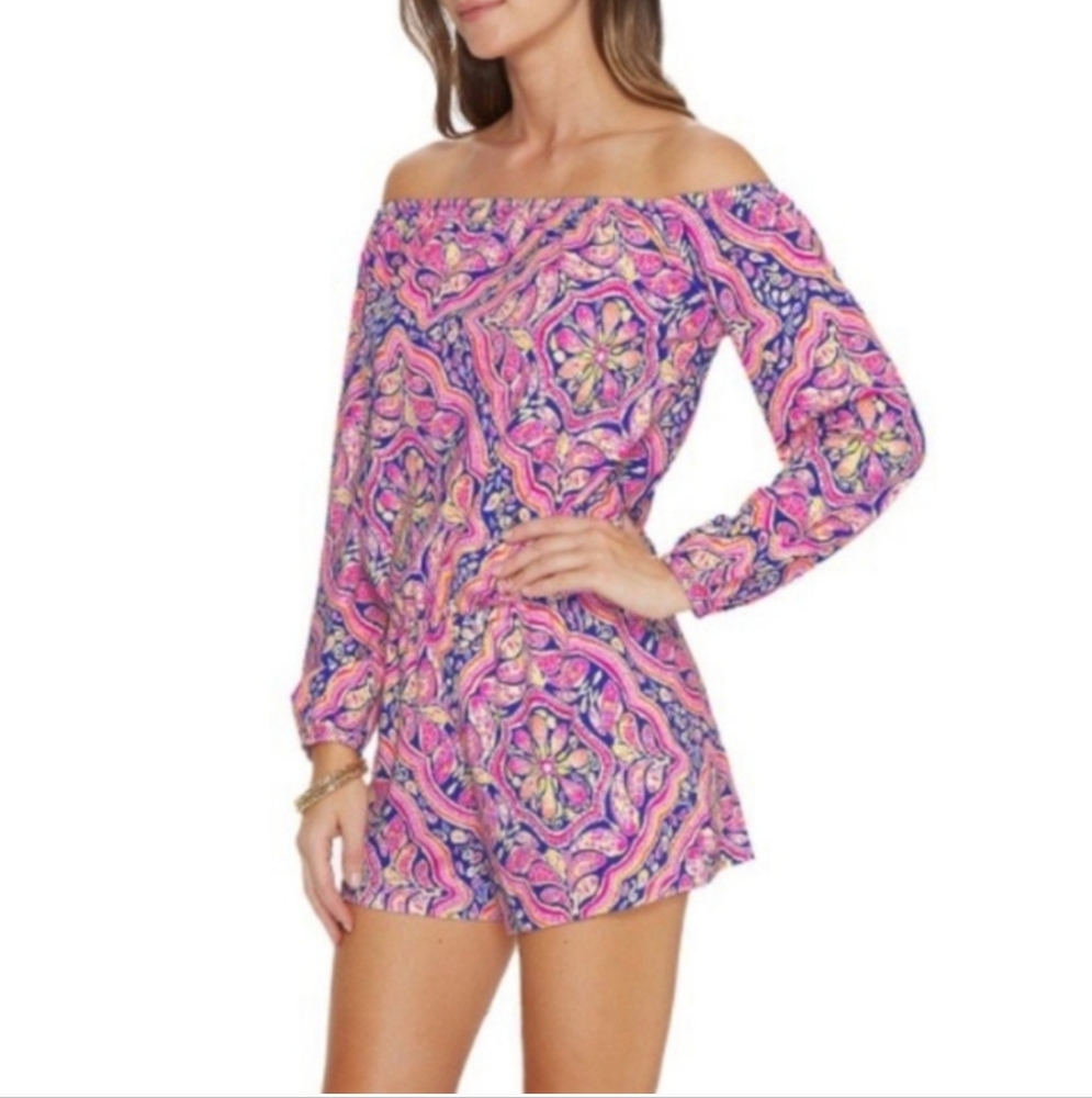 LILLY PULITZER Lana Off the Shoulder Romper In Pink Medallion Size XS